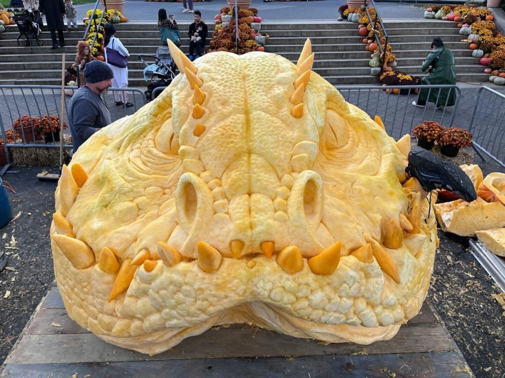 Pete Caspers award winning giant pumpkin carved into a dragon face